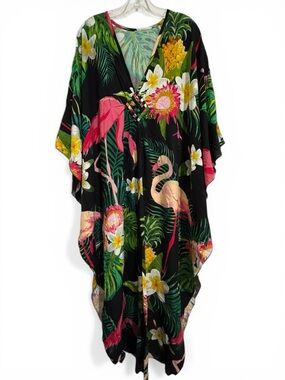 Kaftan Tropical Flamingo Black Maxi Dress V-Neck Diamond Weave Detail One Size